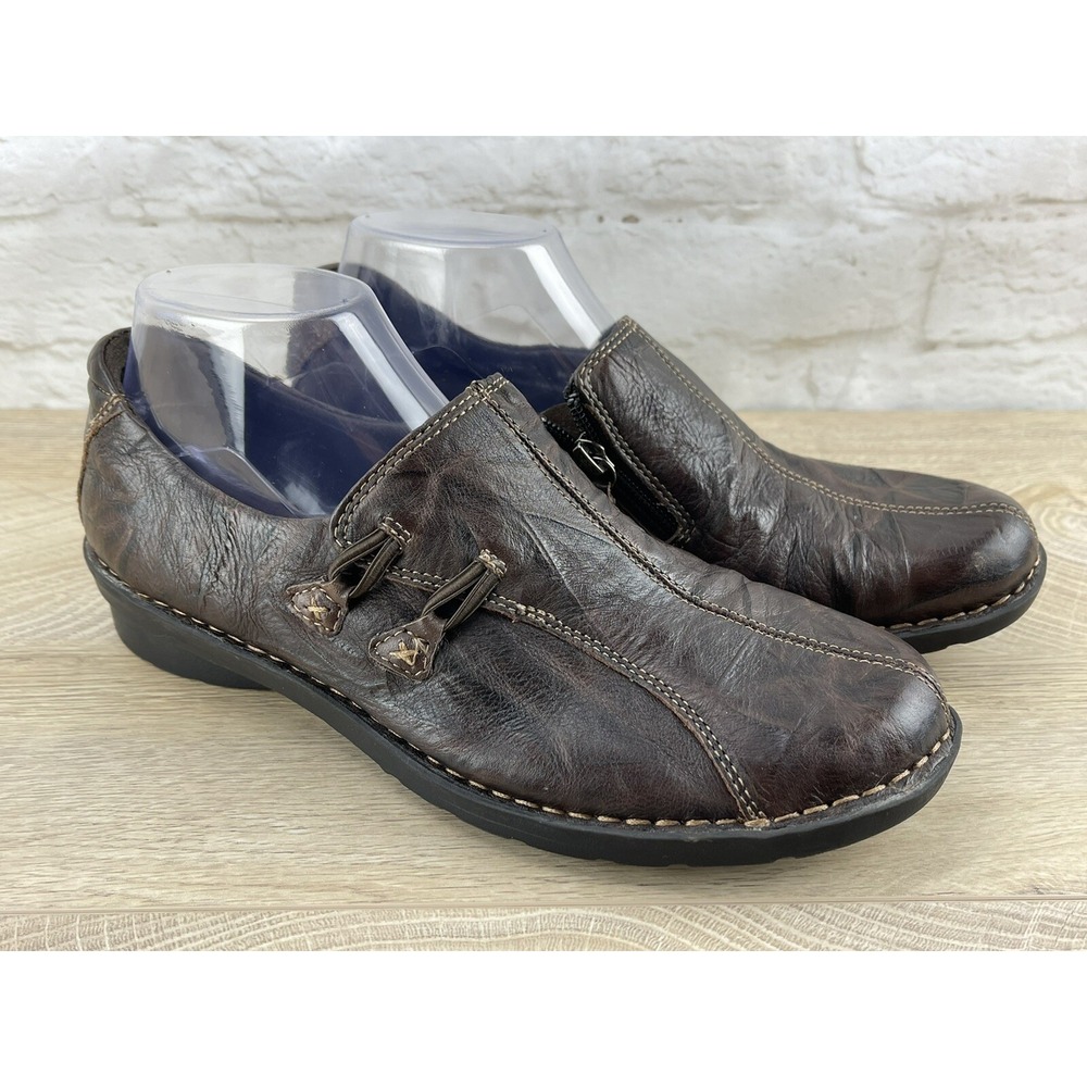 Clarks Brown Leather Slip-On Shoes Women's 9 M Nikki Boston 84152 Side Zip